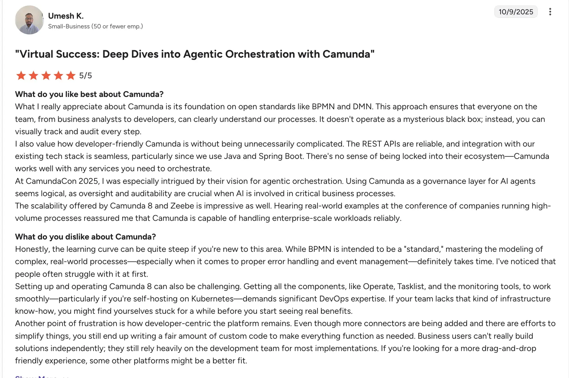 Camunda homepage screenshot, less modern design