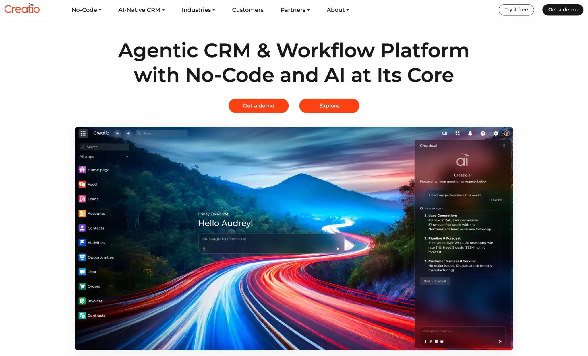 Screenshot showcasing Creatio's homepage features