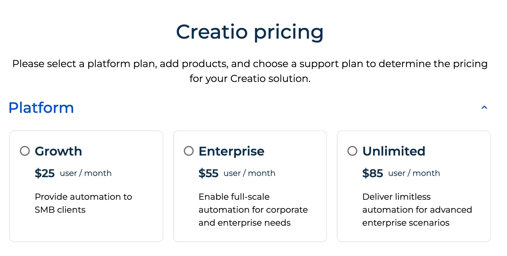 Creatio pricing breakdown screenshot