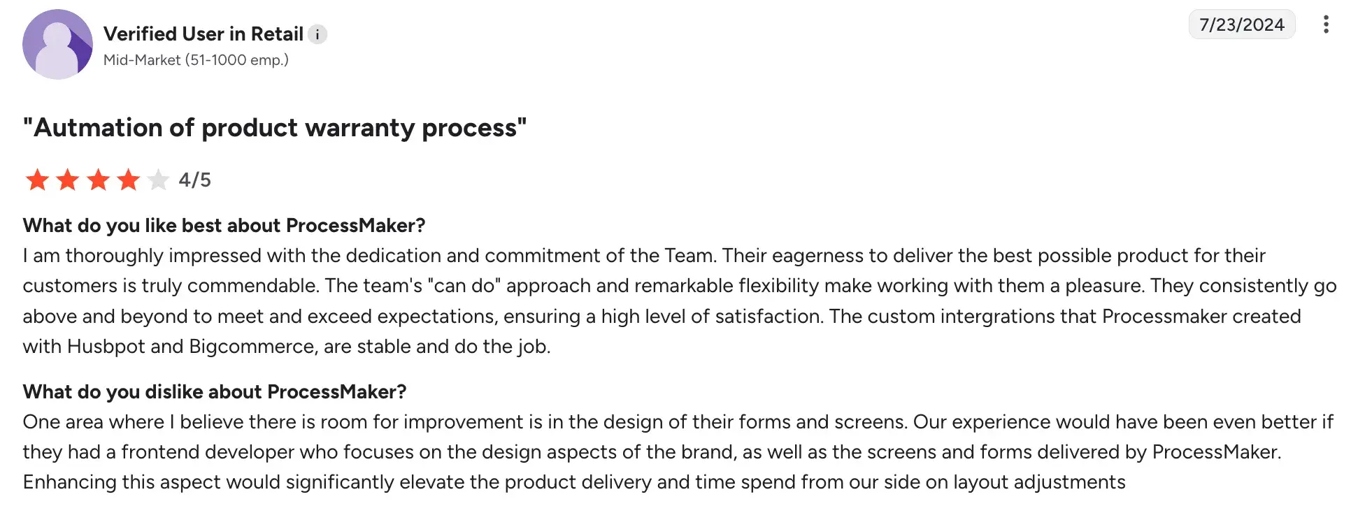 Customer support review for ProcessMaker