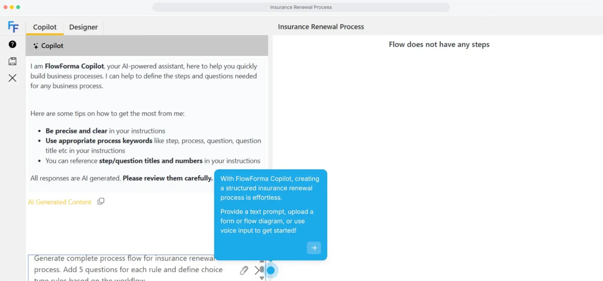 Demo video screenshot of insurance renewal process automation using FlowForma AI Copilot