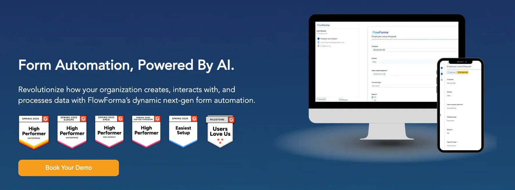 Screenshot of FlowForma AI-powered forms homepage