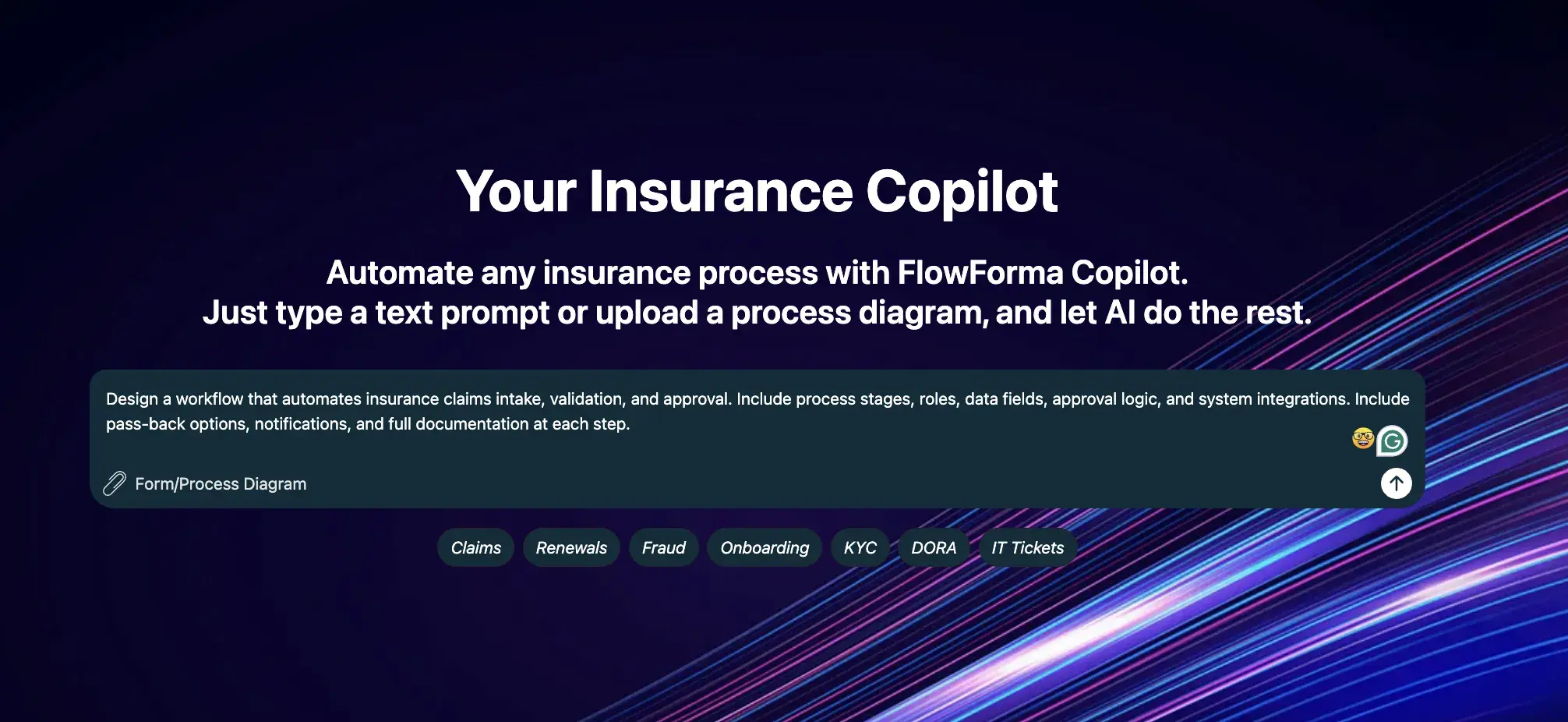 Screenshot of the FlowForma insurance copilot page