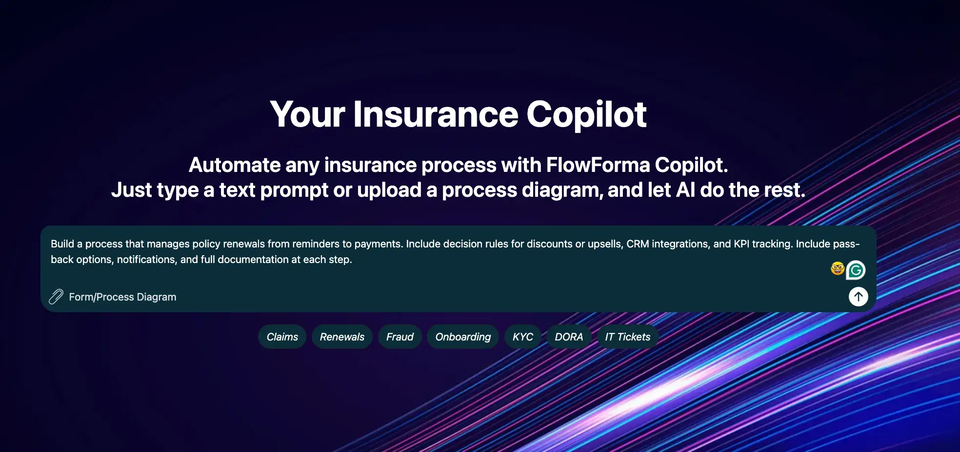 Screenshot of the FlowForma insurance copilot page