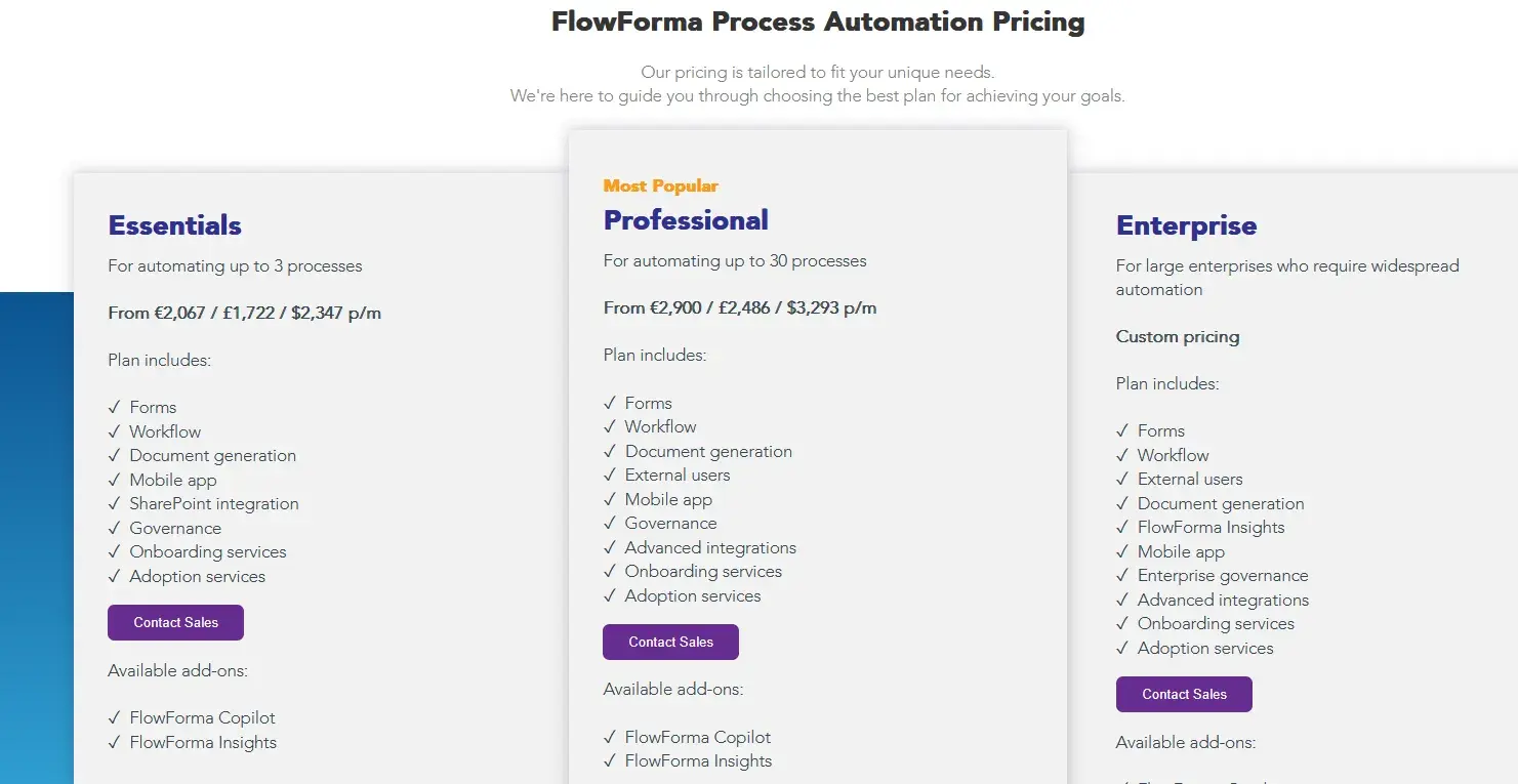 FlowForma process-based pricing model screenshot