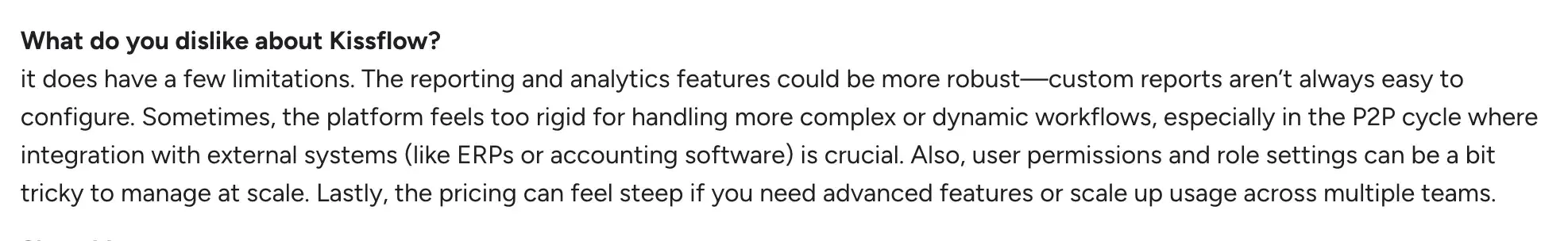 G2 review highlighting Kissflow's pricing limitations