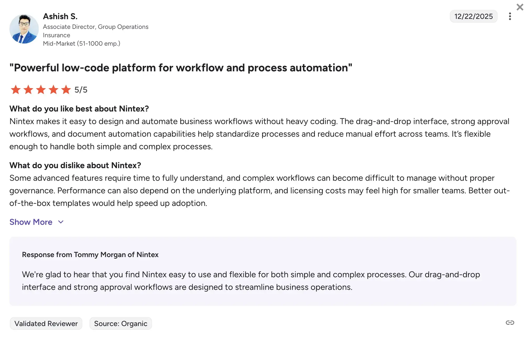 G2 review highlighting Nintex enterprise integration flexibility