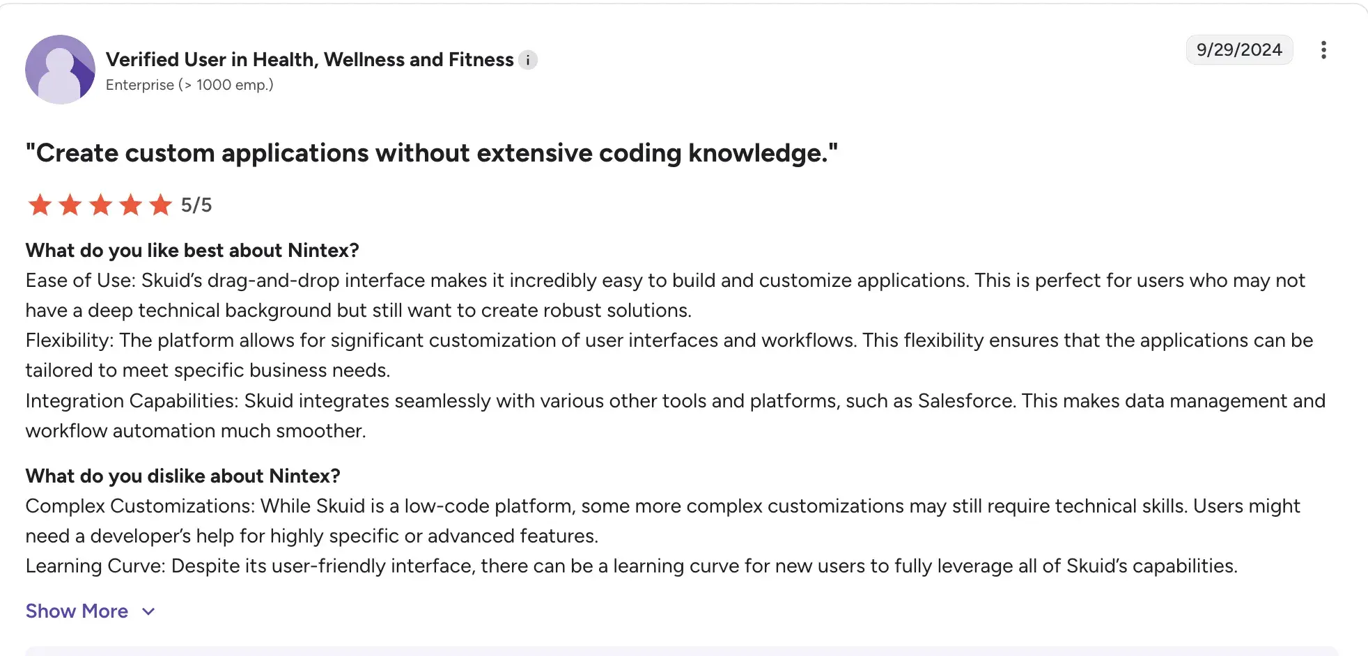 G2 review highlighting Nintex Performance mobile