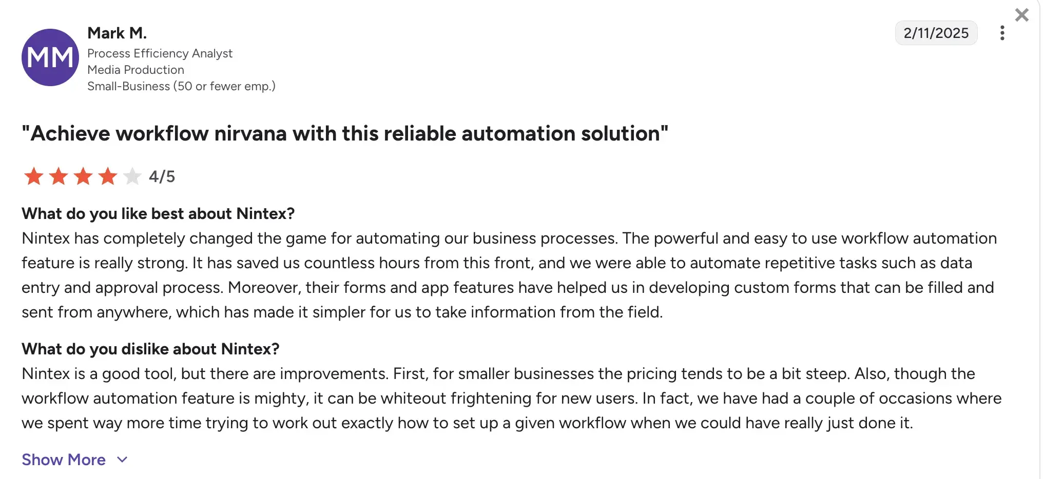G2 review highlighting Nintex product features