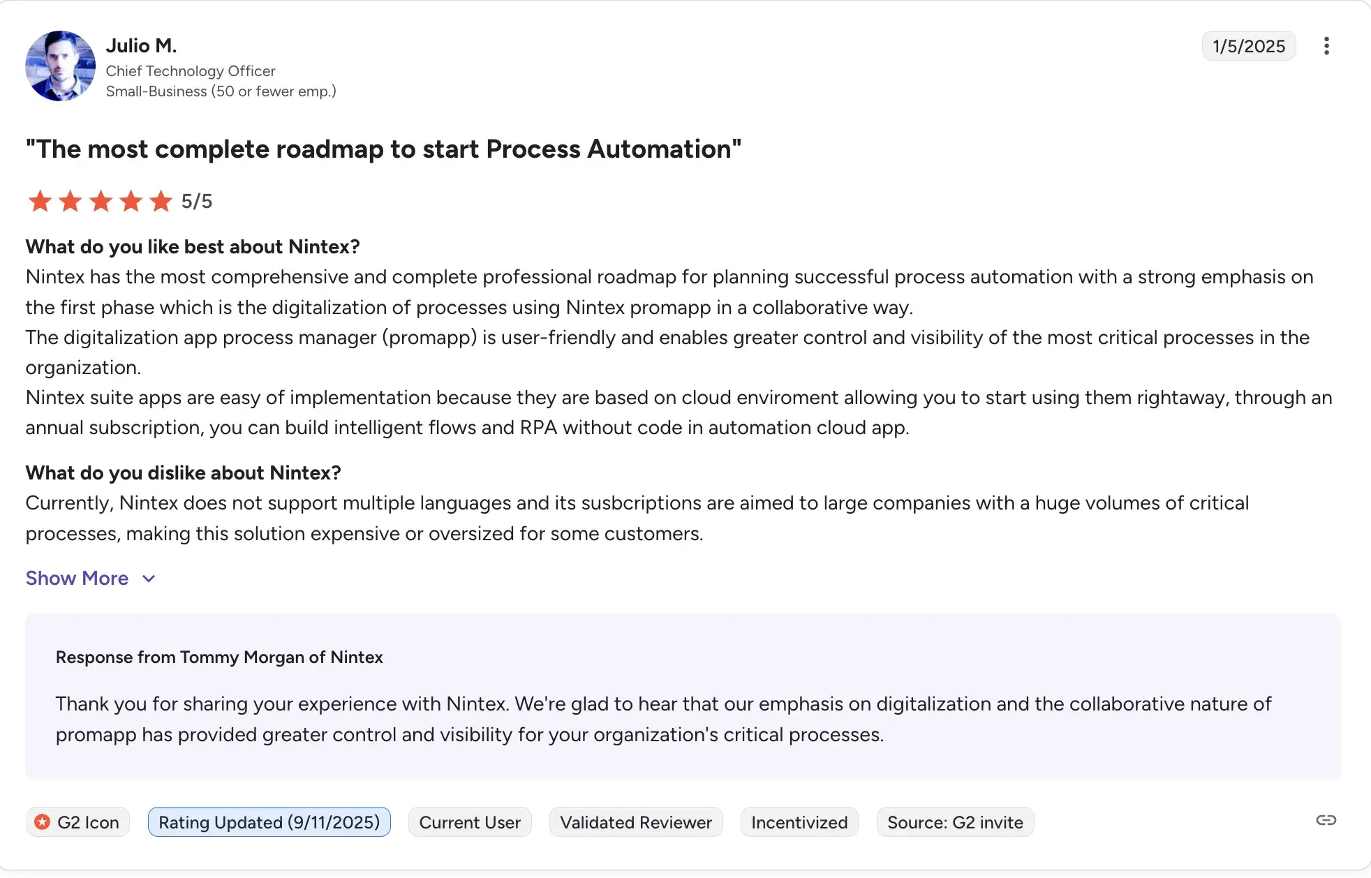 G2 review highlighting Nintex RPA capabilities