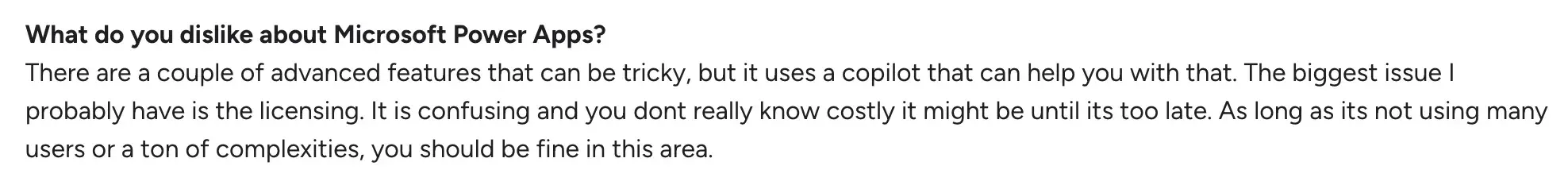 G2 review on Power Apps licensing issues