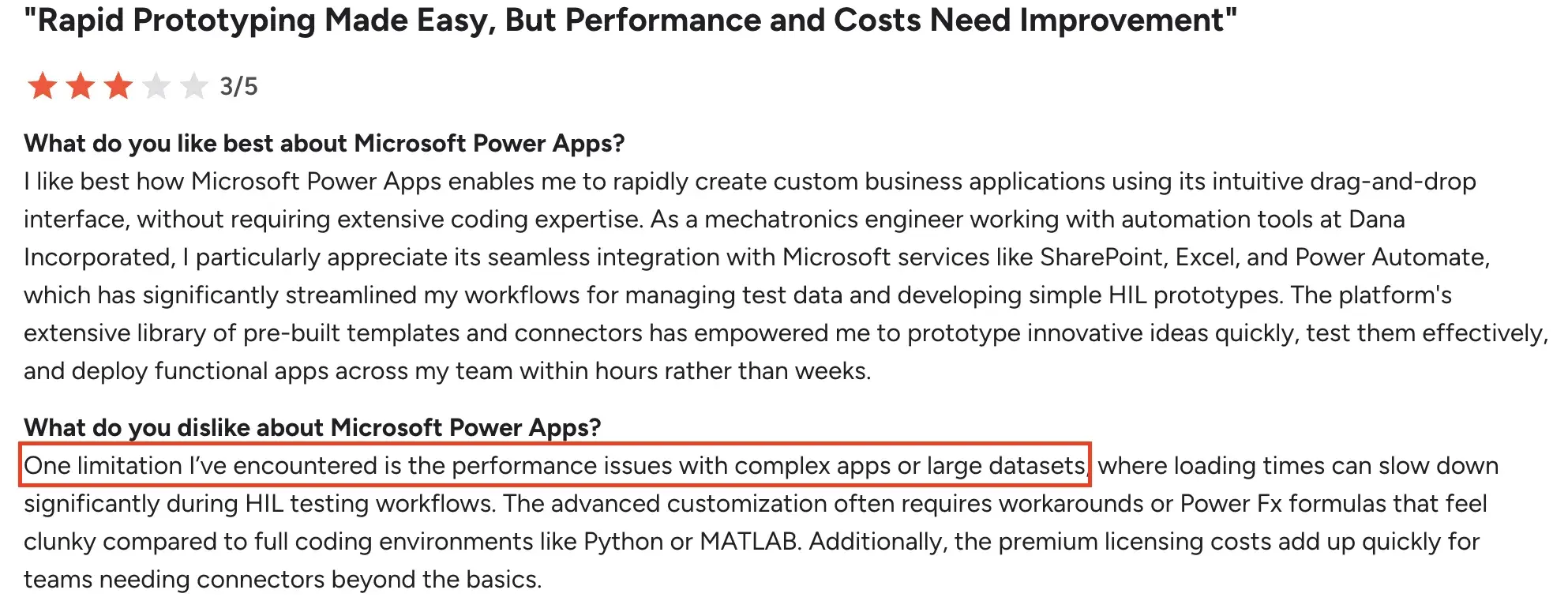 G2 review highlighting Power Apps performance issues