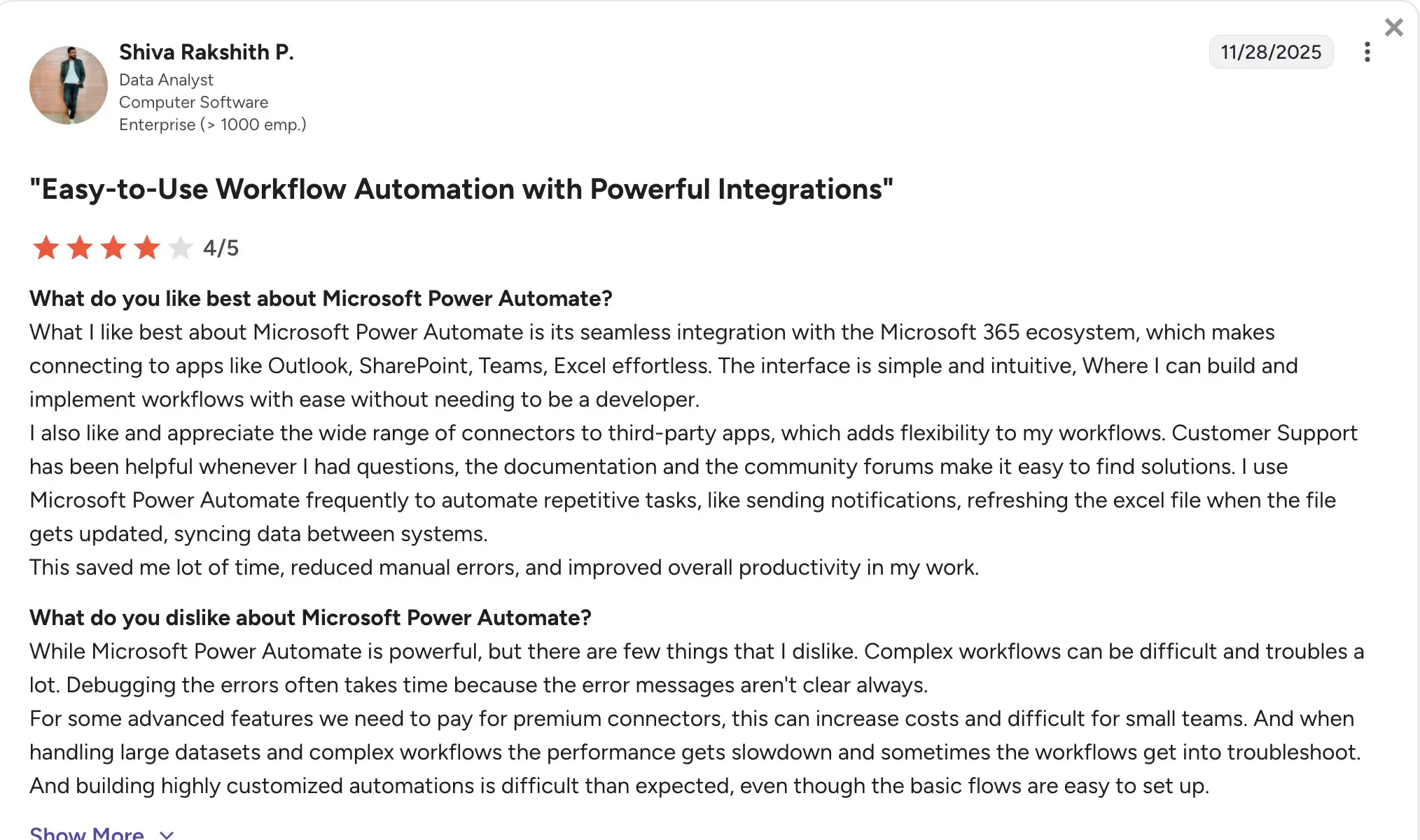 G2 review highlighting Power Automate costs