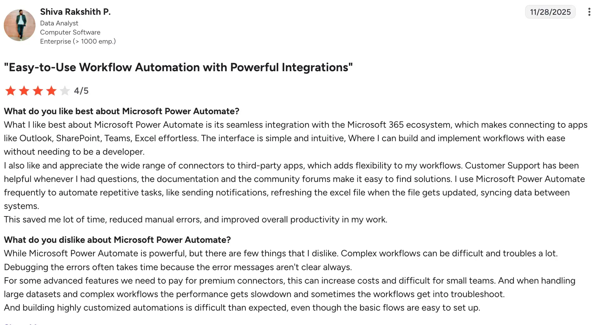 G2 review highlighting Power Automate performance issues