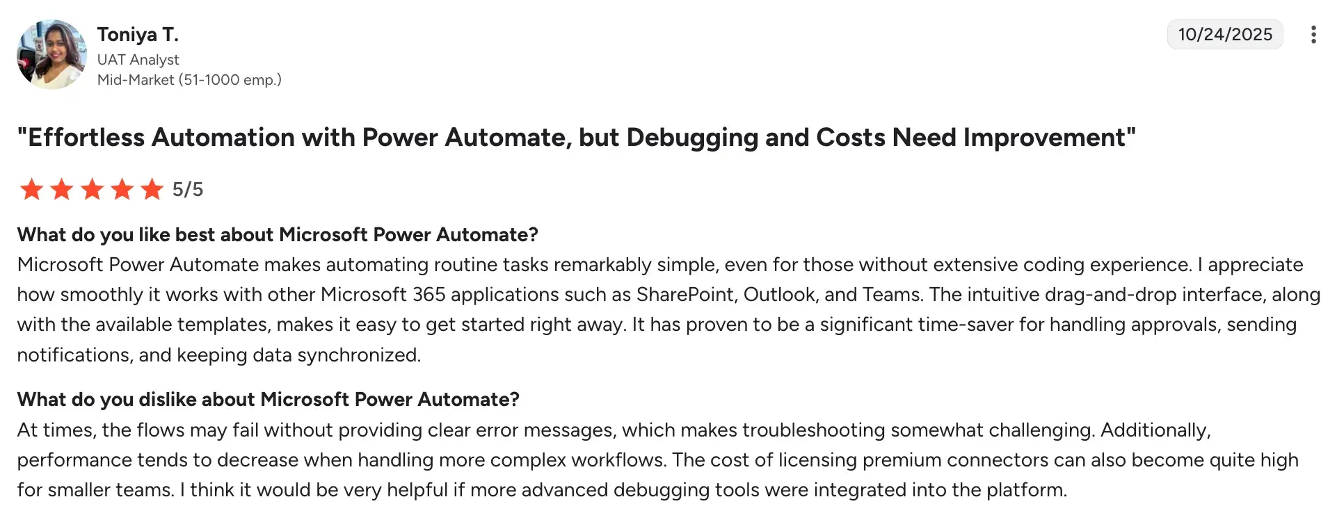 G2 review highlighting Power Automate Premium features