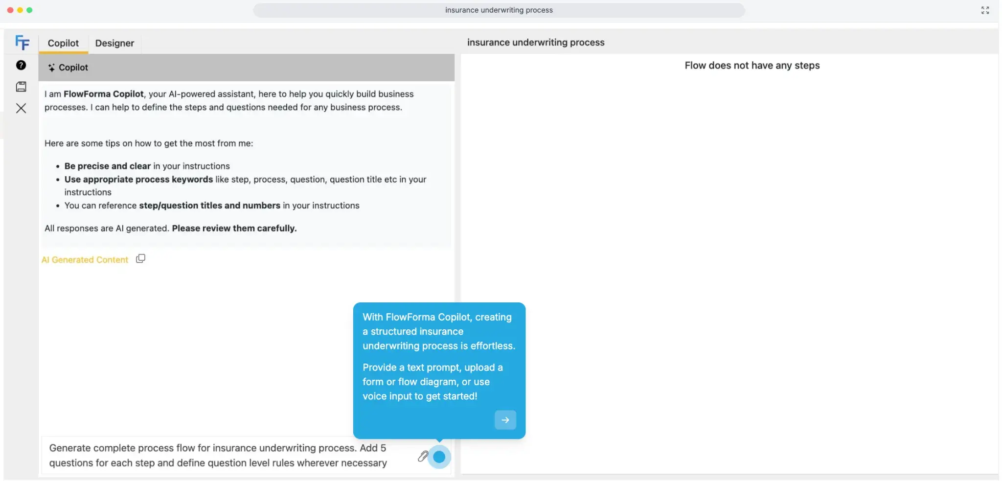 Screenshot of automating insurance underwriting demo with FlowForma AI Copilot