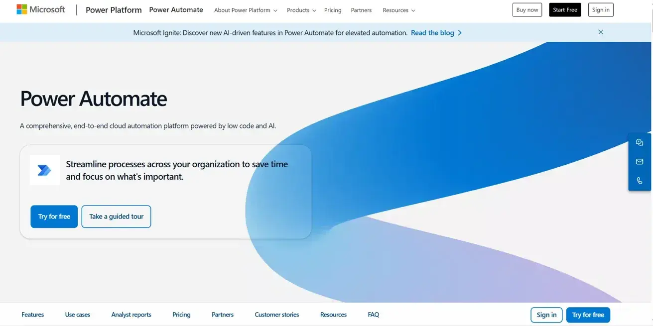 Screenshot of Microsoft Power Automate’s homepage