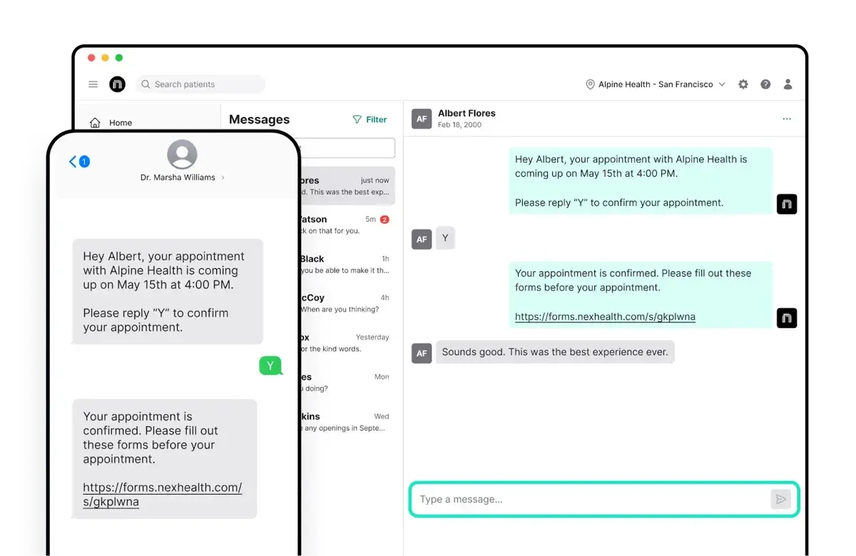 Screenshot of NexHealth’s patient experience features