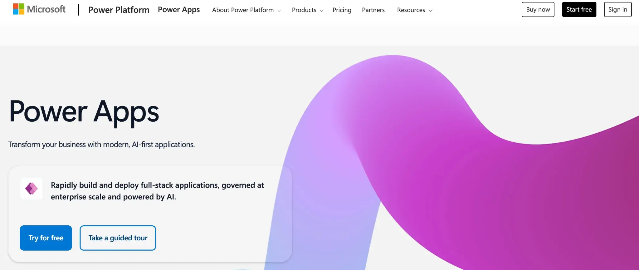 Screenshot of Microsoft Power Apps homepage