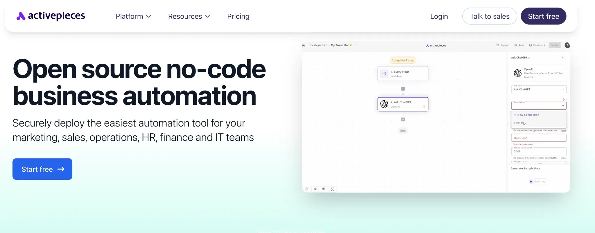 Screenshot of Activepieces homepage