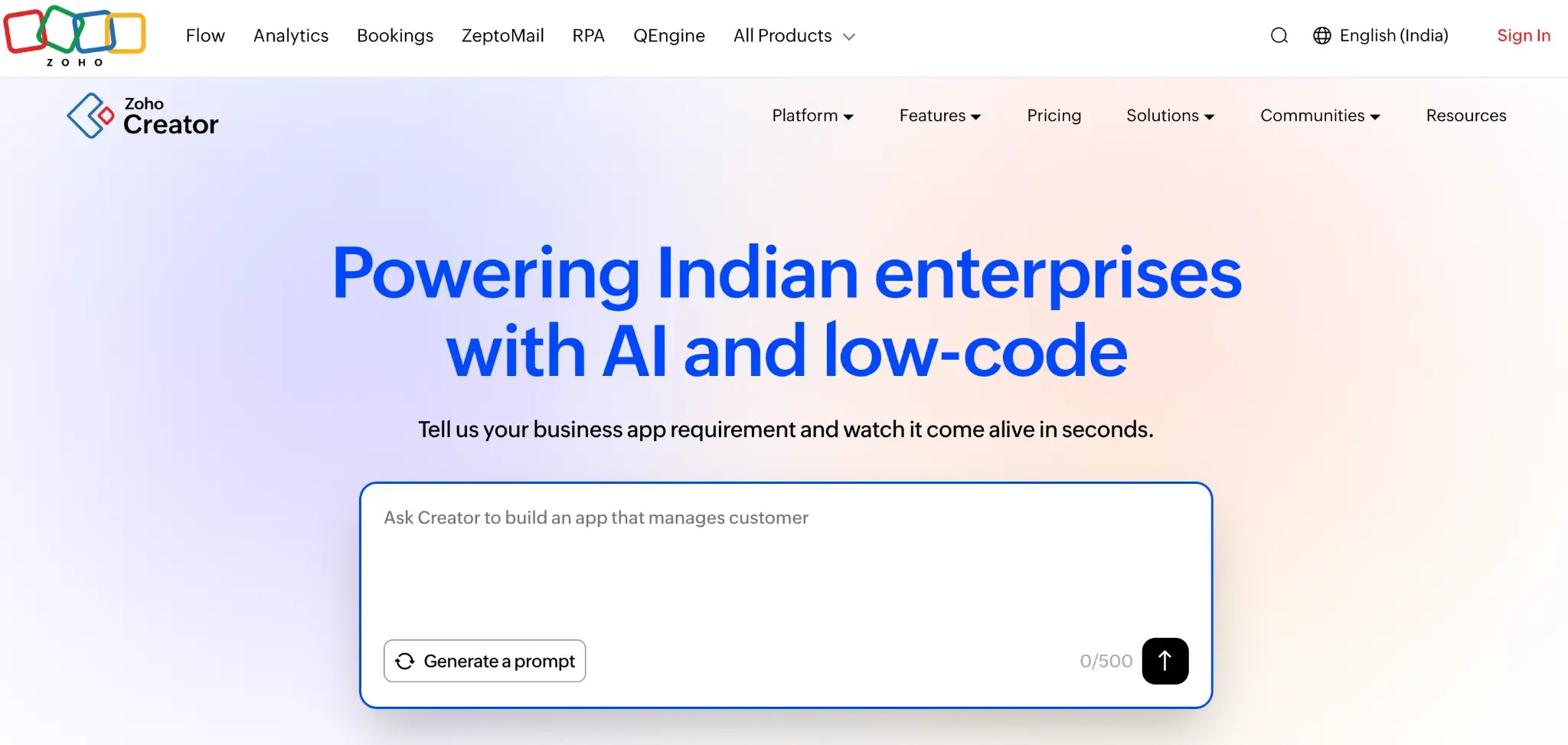 Screenshot of Zoho Creator’s Homepage