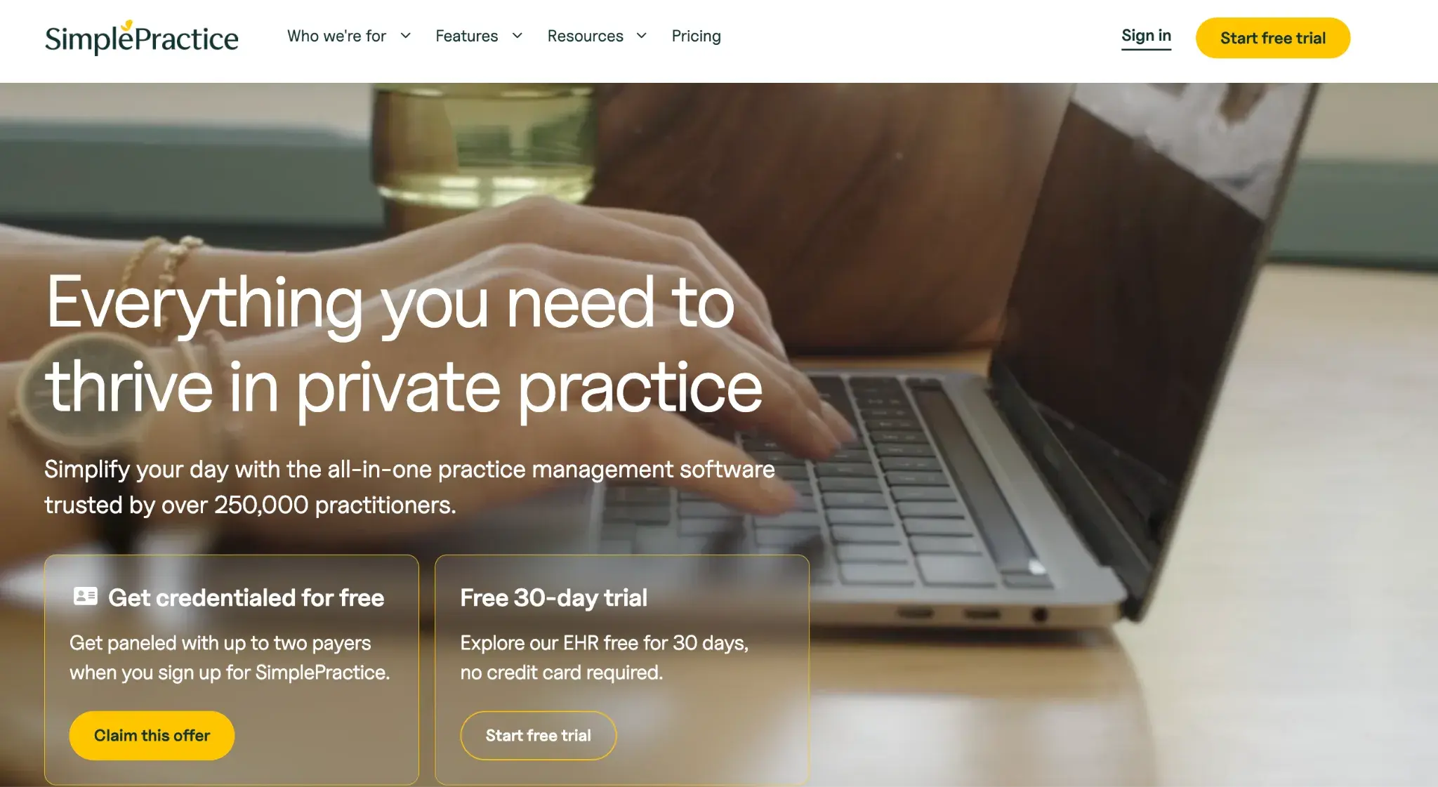 Screenshot of SimplePractice's homepage