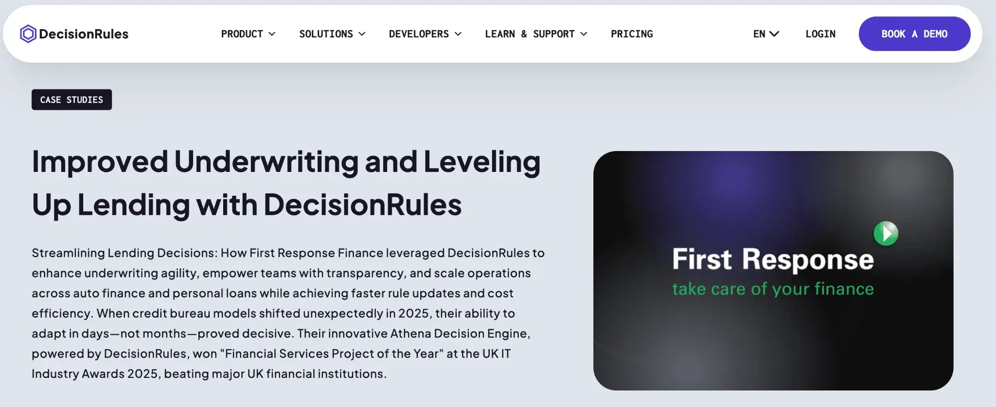Screenshot of DecisionRules underwriting product page