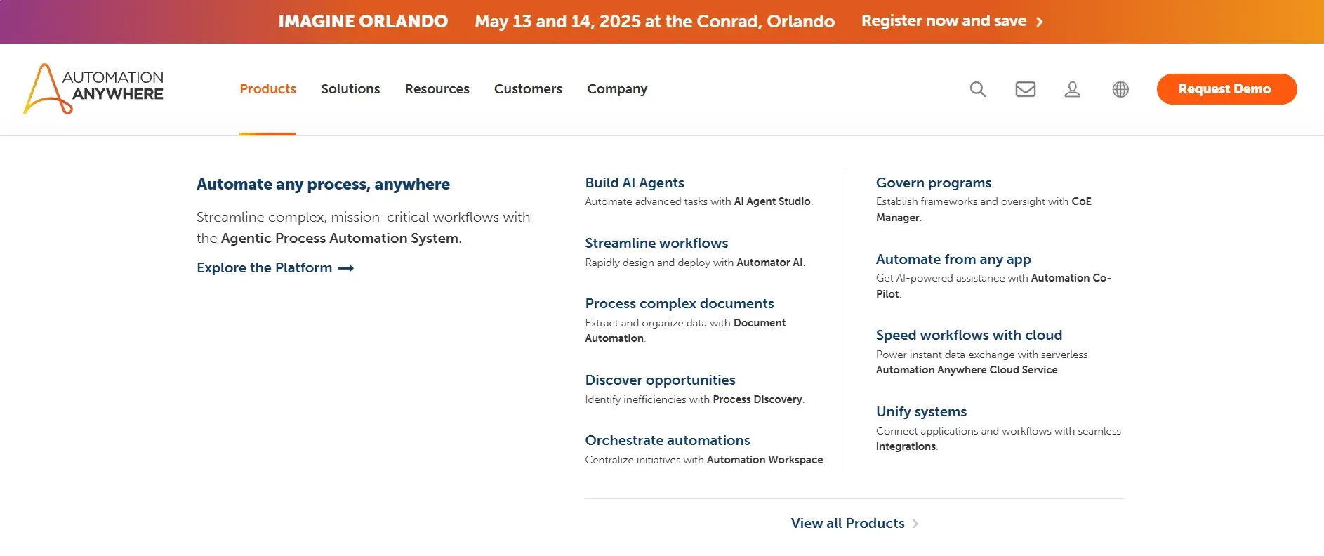Screenshot of Automation Anywhere’s homepage