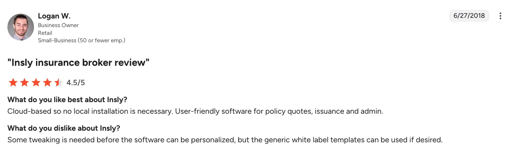 Insly 4.5 rating with one review