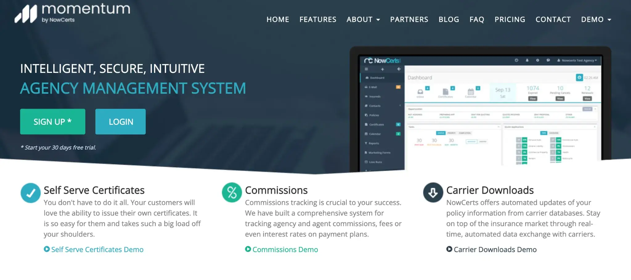 NowCerts homepage screenshot displaying features