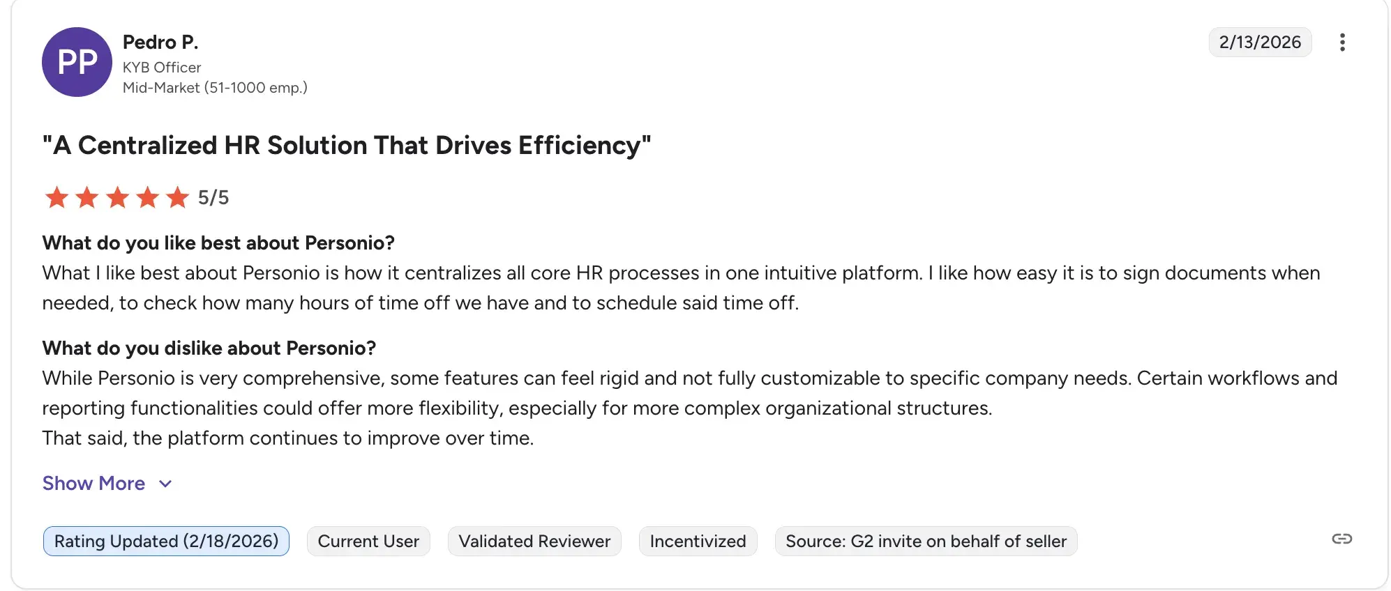 Screenshot of Personio homepage for HR teams