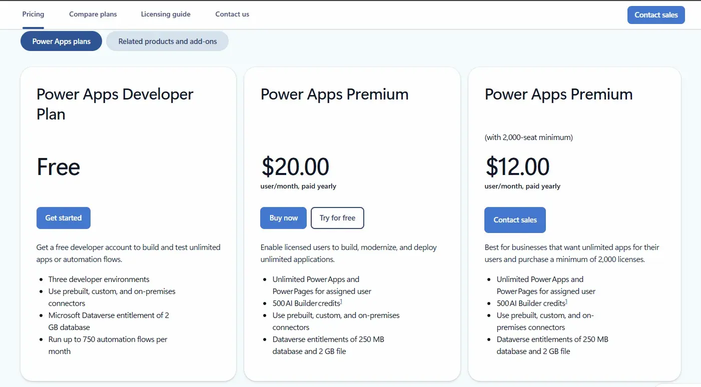 PowerApps pricing screenshot for Microsoft products