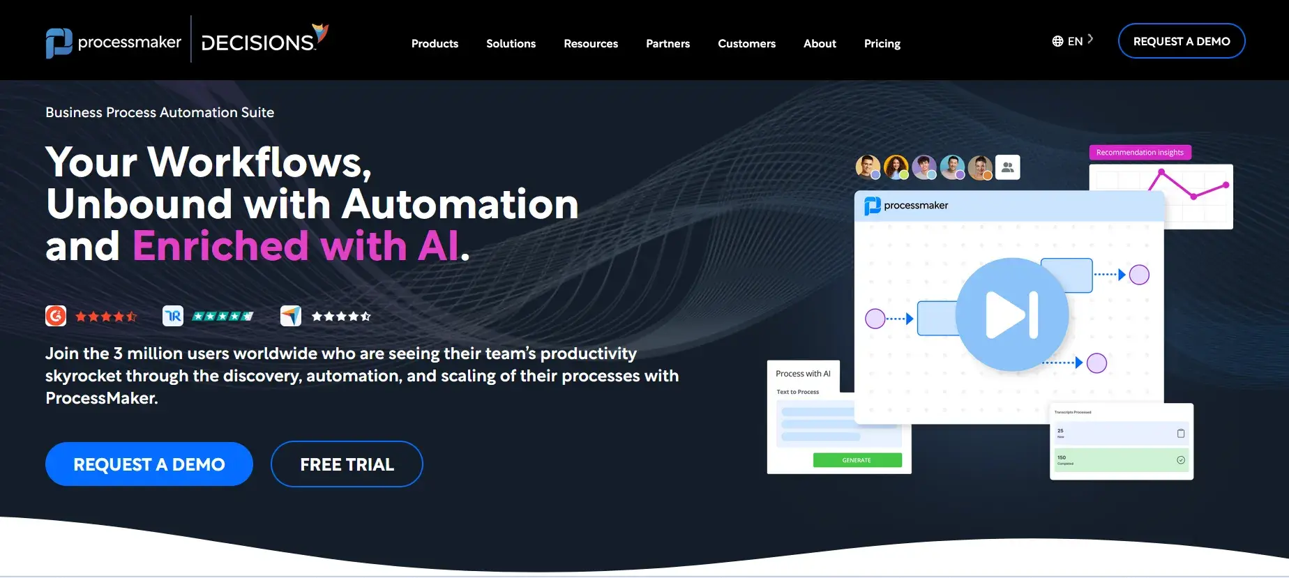 ProcessMaker homepage showcasing automation features