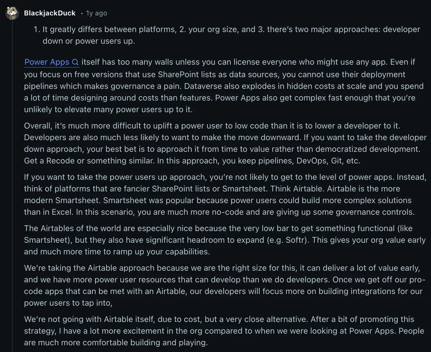 Reddit comment on no-code vs low-code