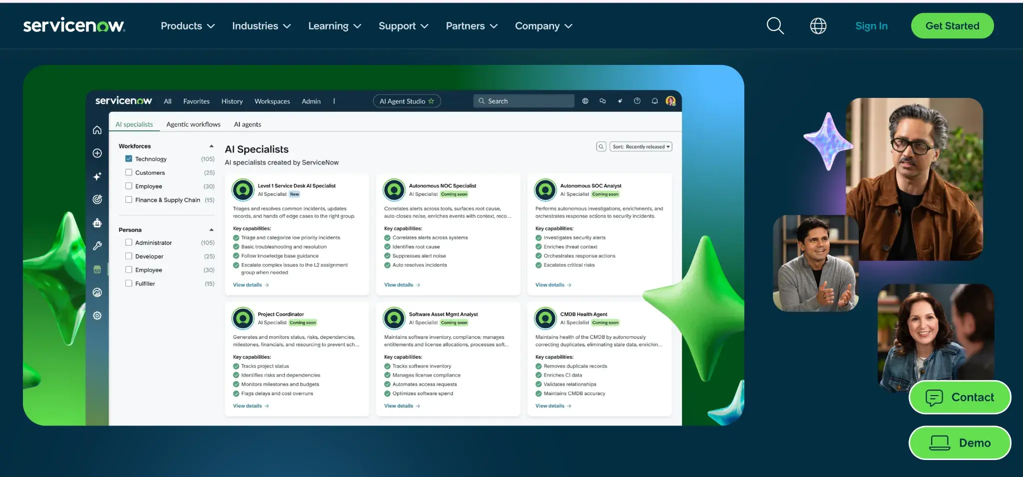 ServiceNow homepage screenshot highlighting features