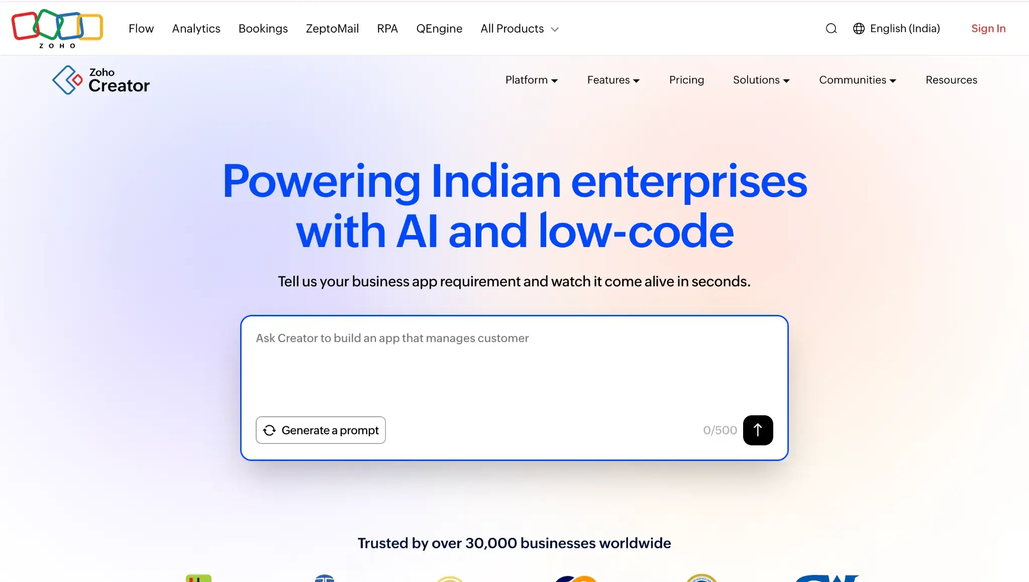 Zoho Creator homepage screenshot for teams